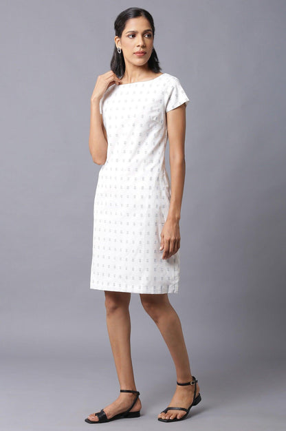 Ecru Solid Cotton Dobby Textured Dress In Round Neck - wforwoman