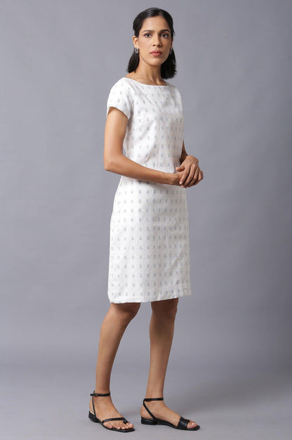 Ecru Solid Cotton Dobby Textured Dress In Round Neck - wforwoman