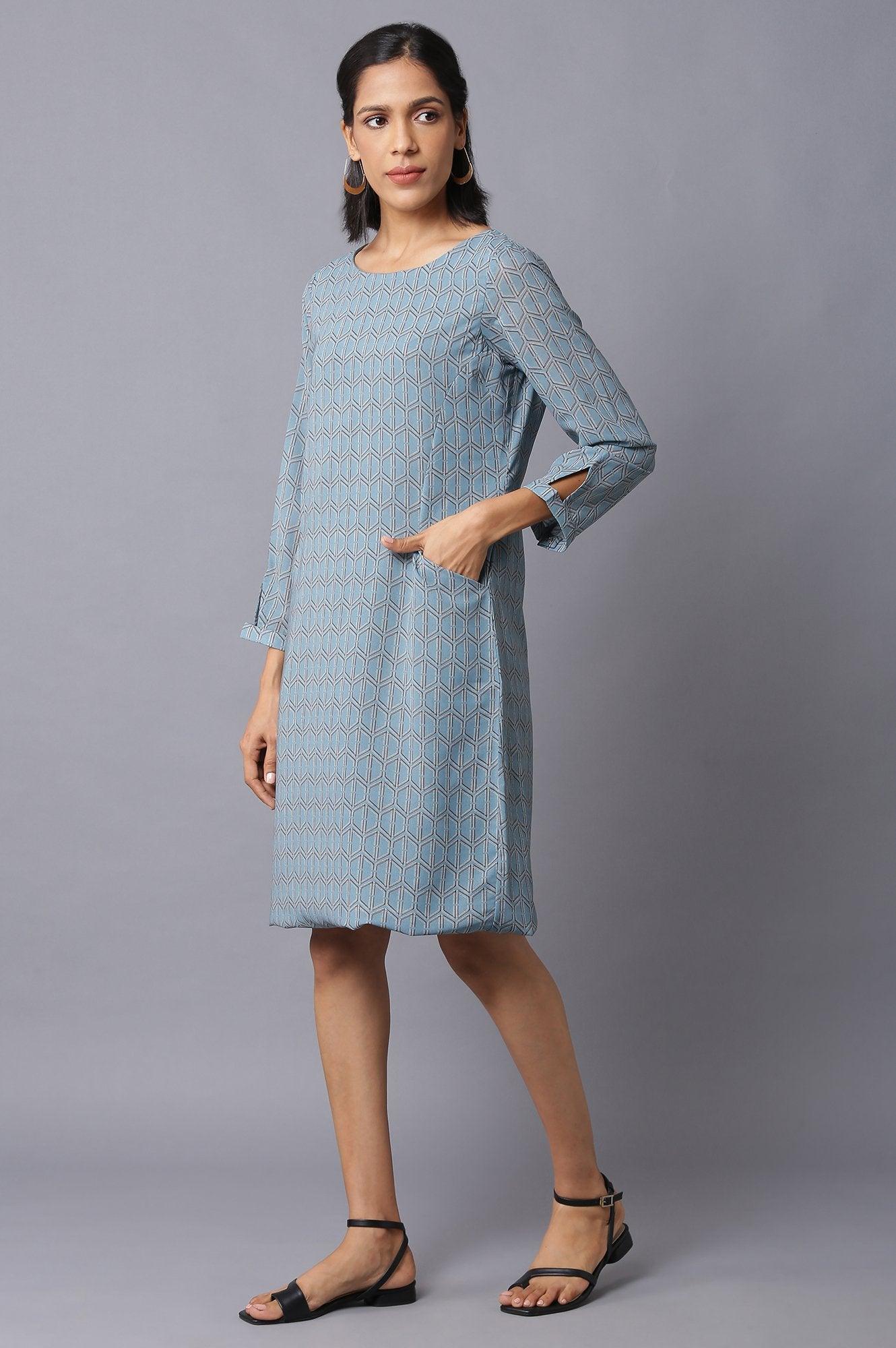 Light Teal Georgette Printed Dress With Cut Out Sleeves - wforwoman