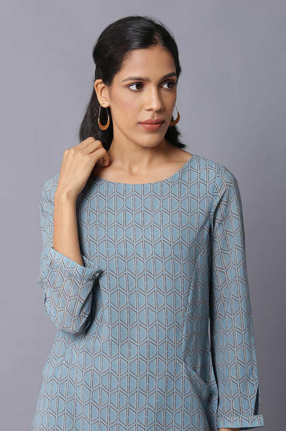 Light Teal Georgette Printed Dress With Cut Out Sleeves - wforwoman