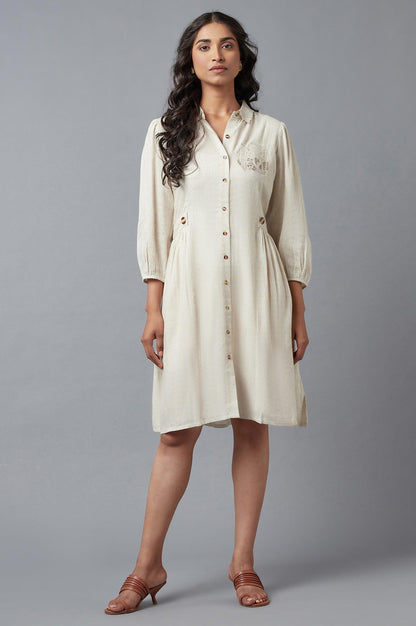 Beige Solid Straight Dress With Thread Embroidery - wforwoman
