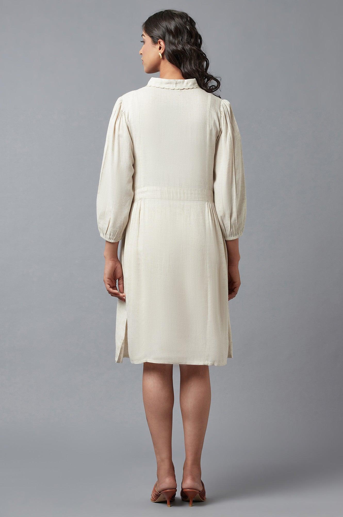 Beige Solid Straight Dress With Thread Embroidery - wforwoman