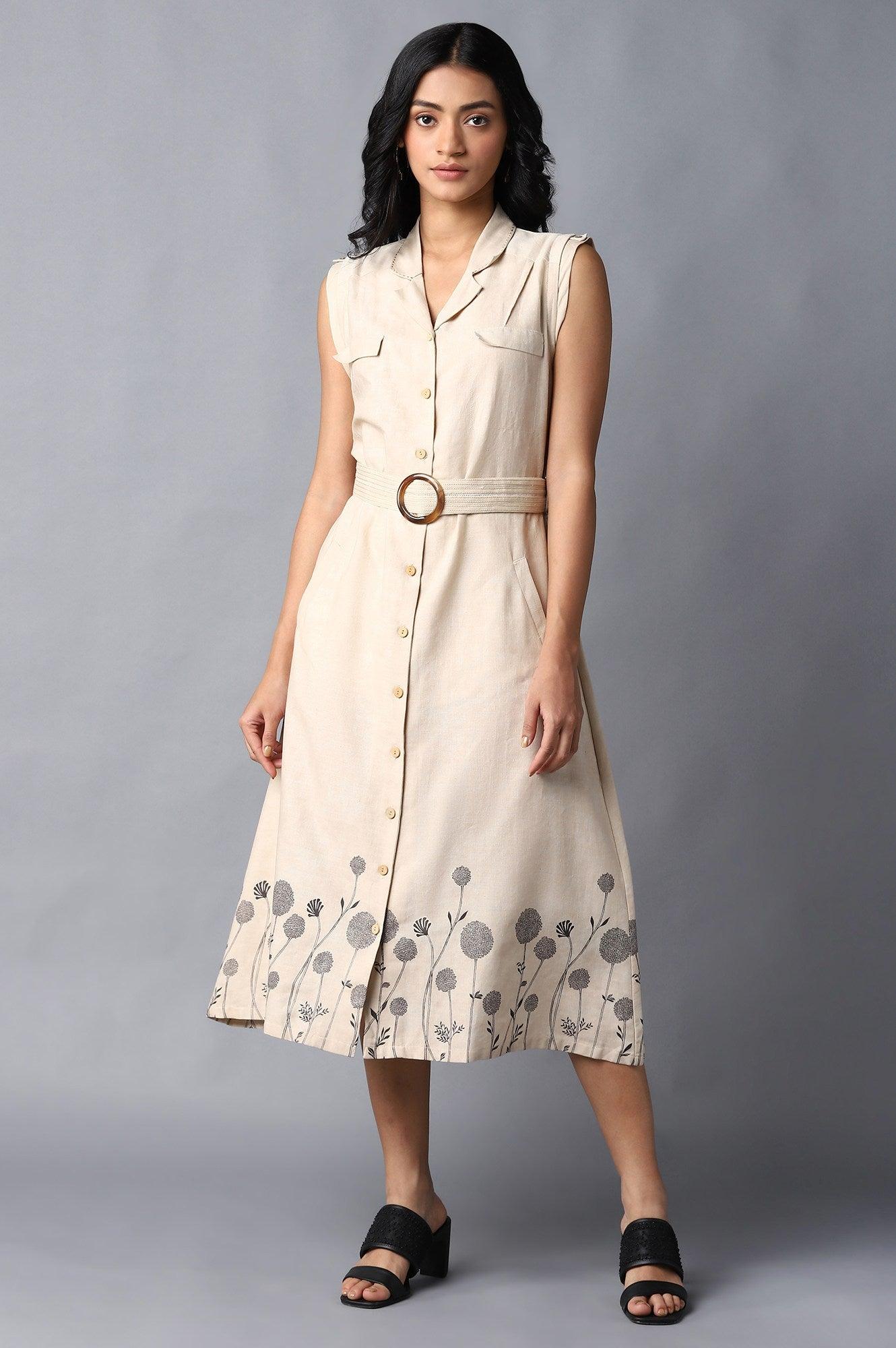 Beige A-Line Cotton Dress In Lapel Collar - wforwoman