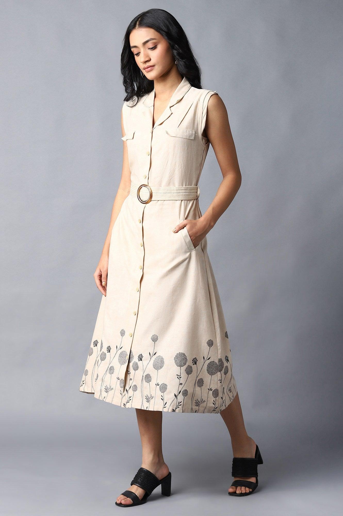 Beige A-Line Cotton Dress In Lapel Collar - wforwoman
