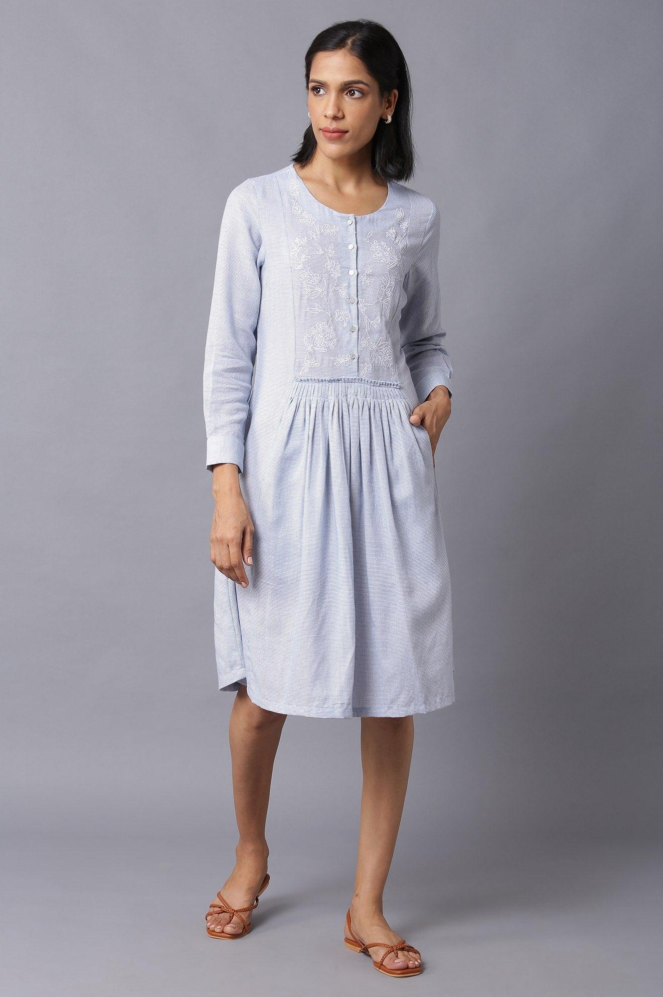 Blue Checker Embroidered Cotton Dress - wforwoman