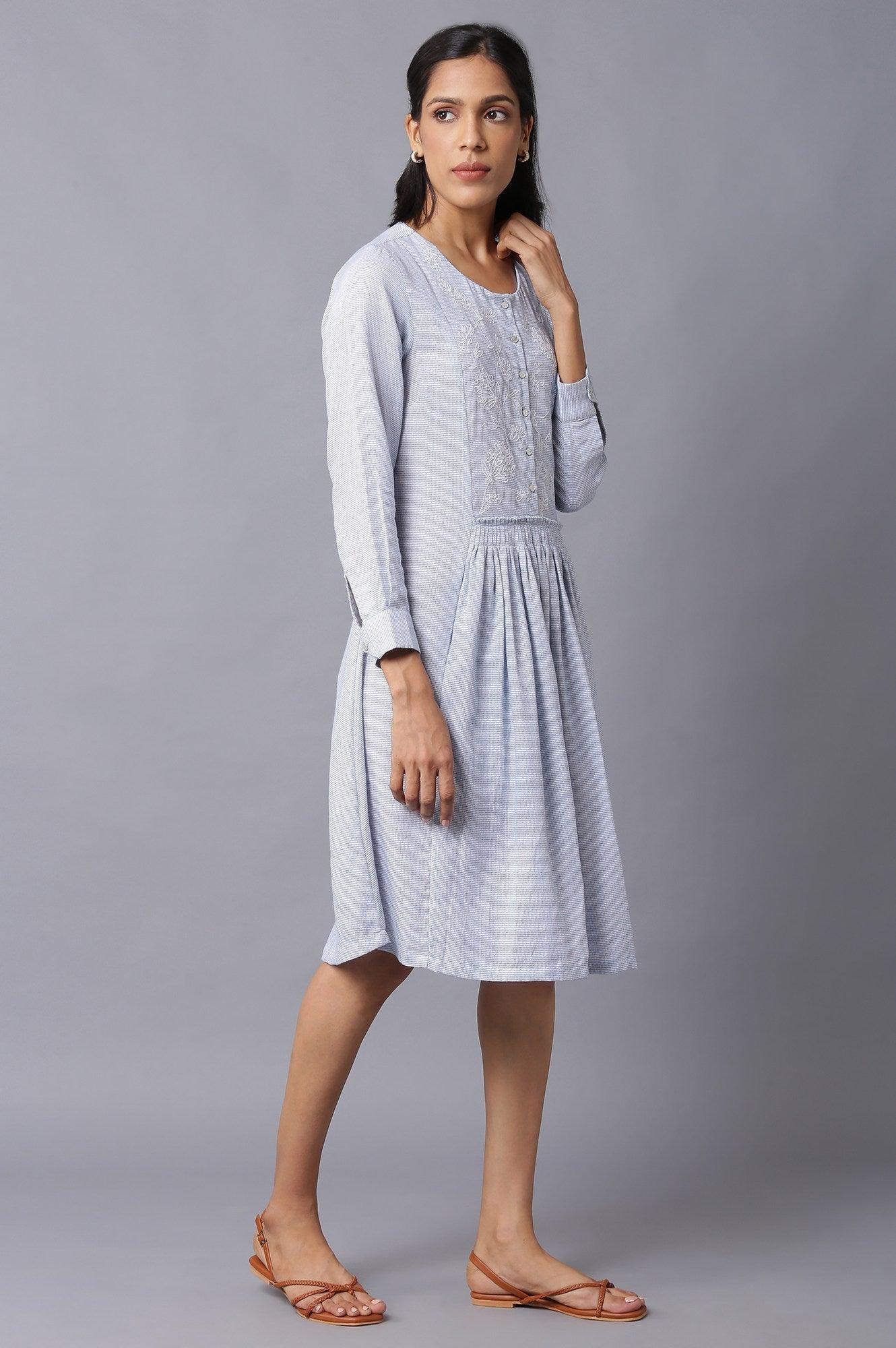 Blue Checker Embroidered Cotton Dress - wforwoman