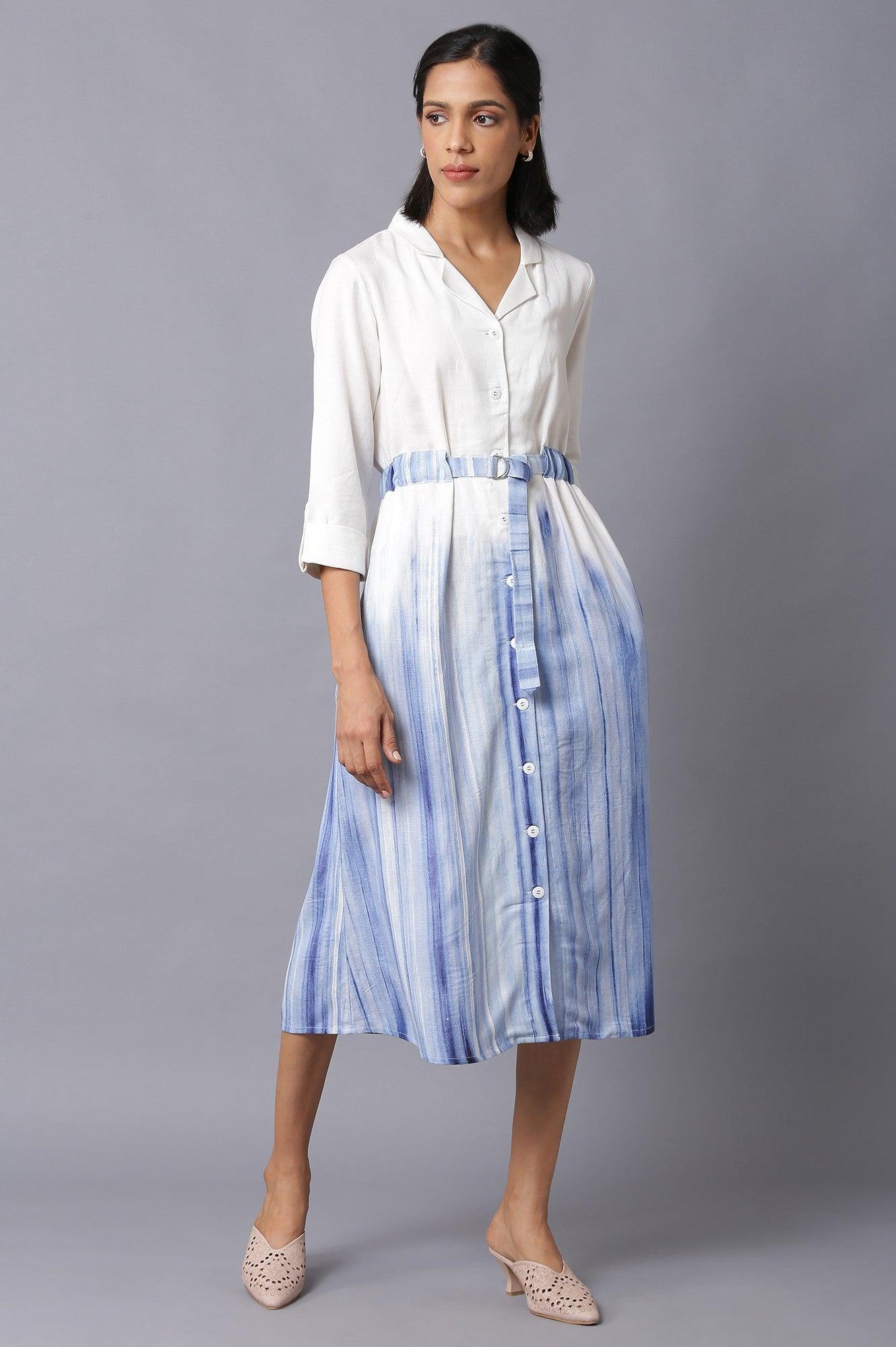 White And Blue Lapel Collar Shirt Dress With Belt - wforwoman