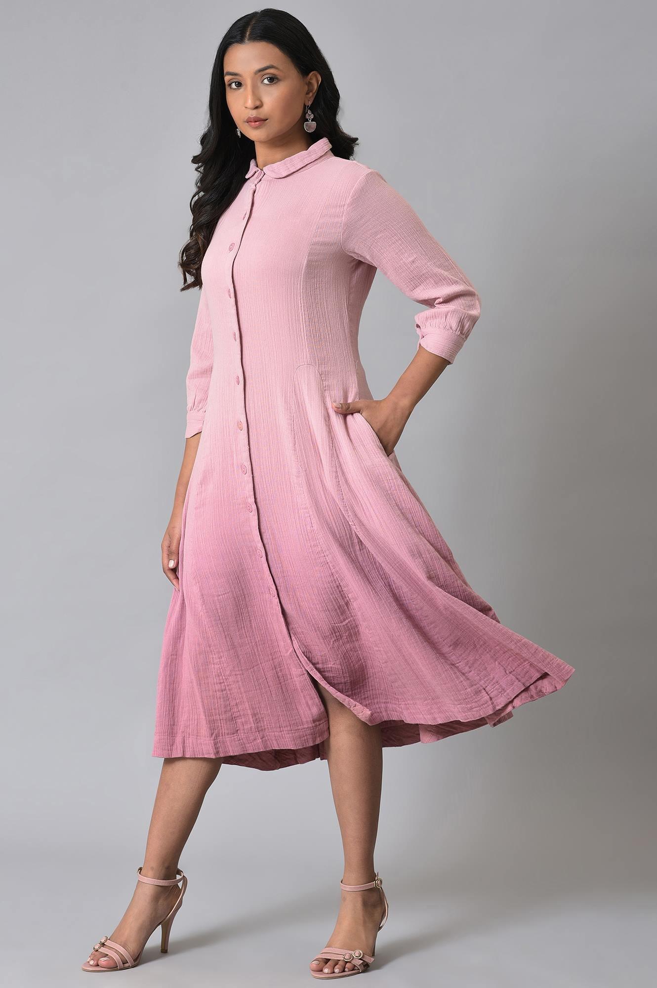 Pink Cotton Shirt Dress With Belt - wforwoman