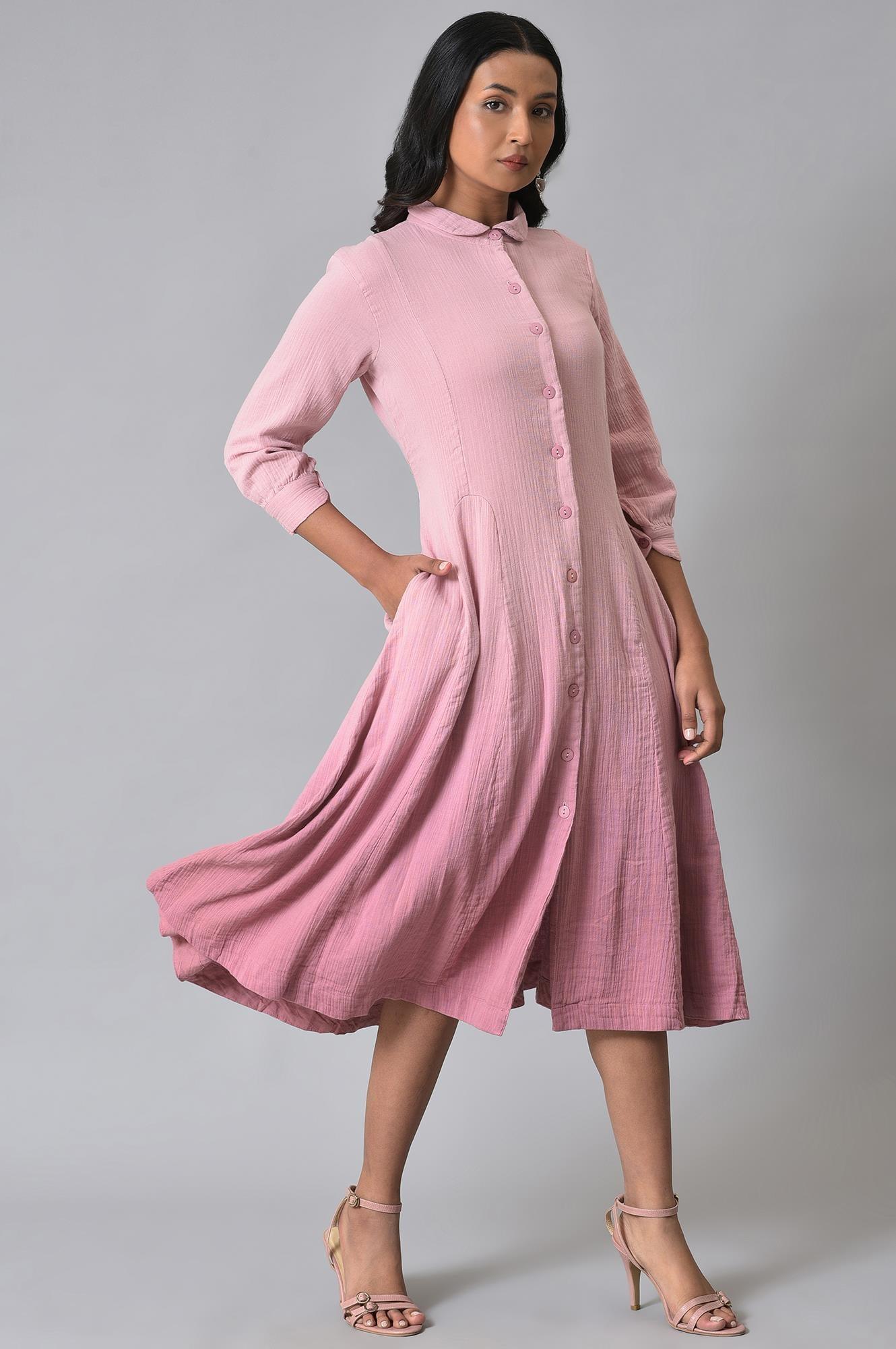 Pink Cotton Shirt Dress With Belt - wforwoman