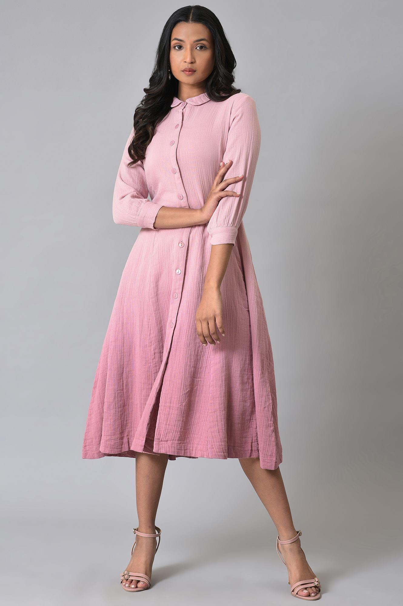 Pink Cotton Shirt Dress With Belt - wforwoman