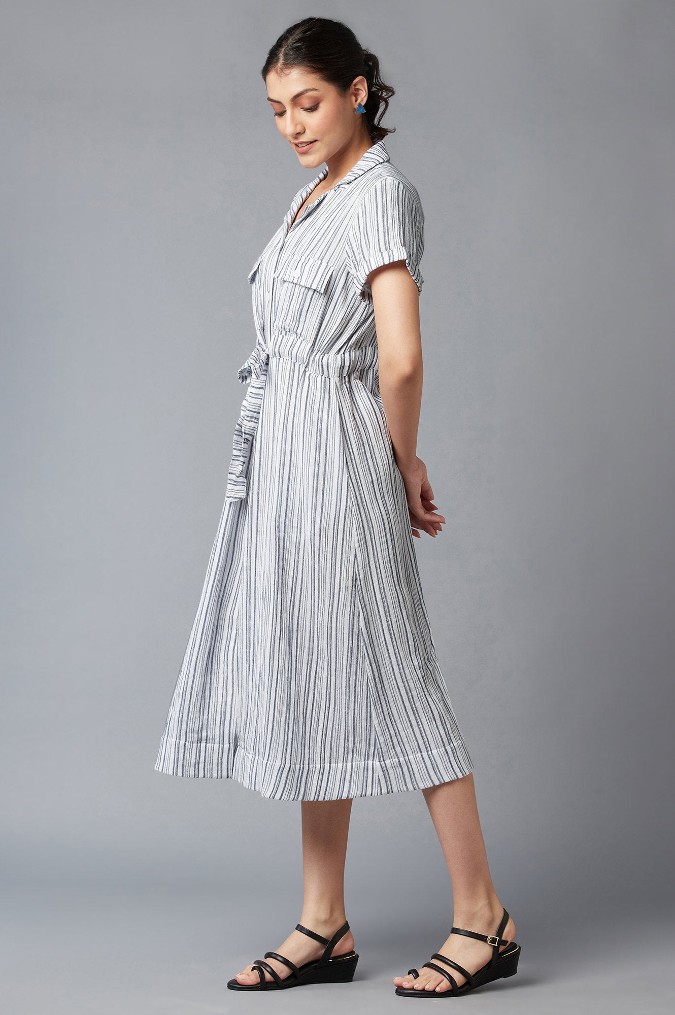 Blue Stripe Print Lapel Collar Dress