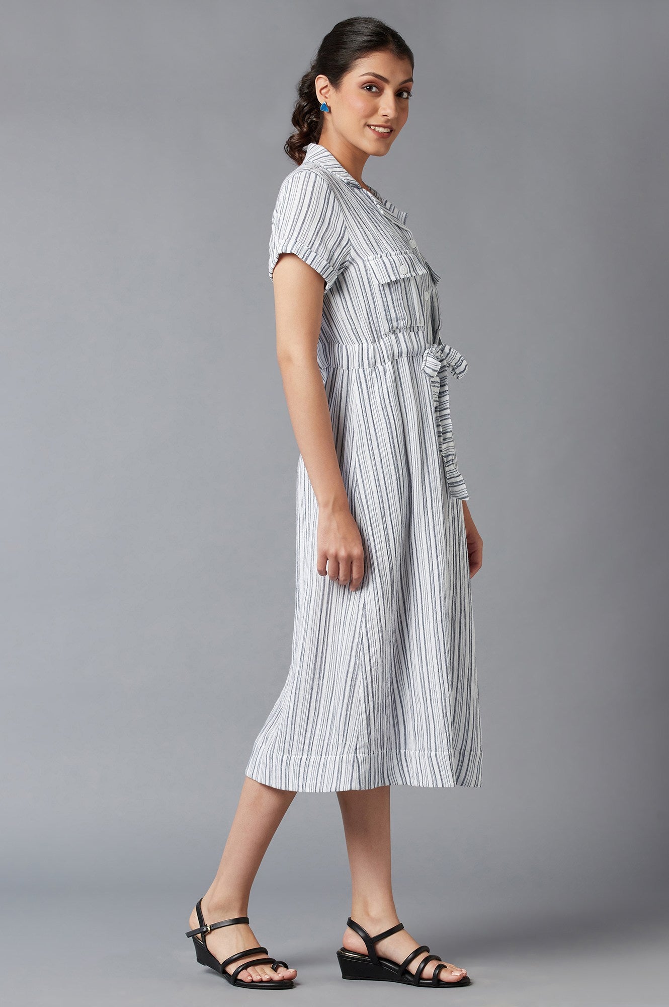 Blue Stripe Print Lapel Collar Dress