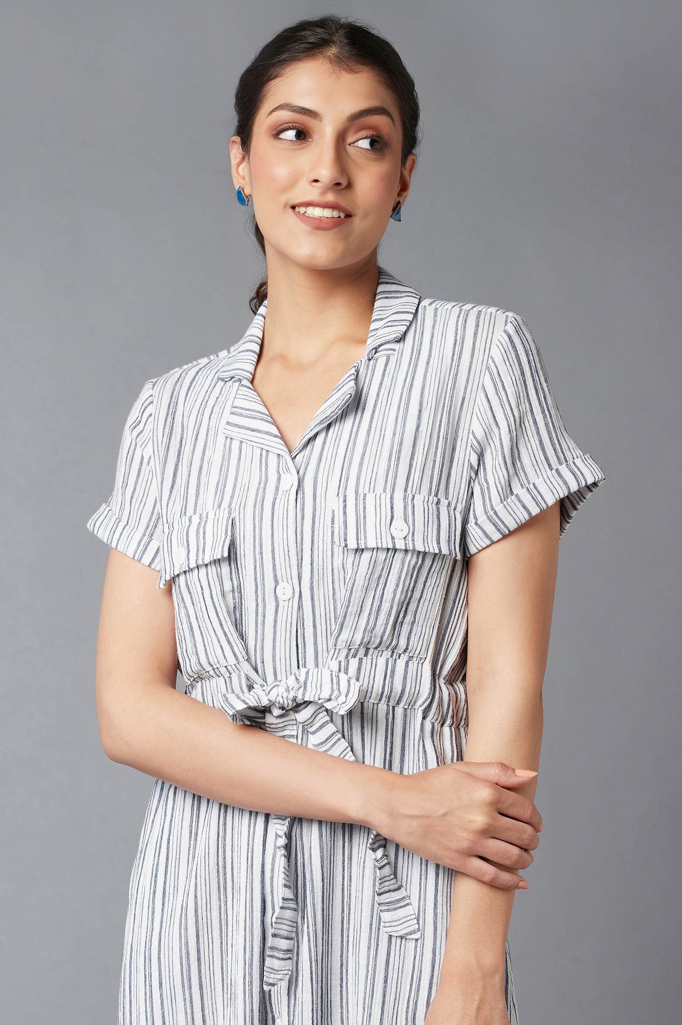 Blue Stripe Print Lapel Collar Dress