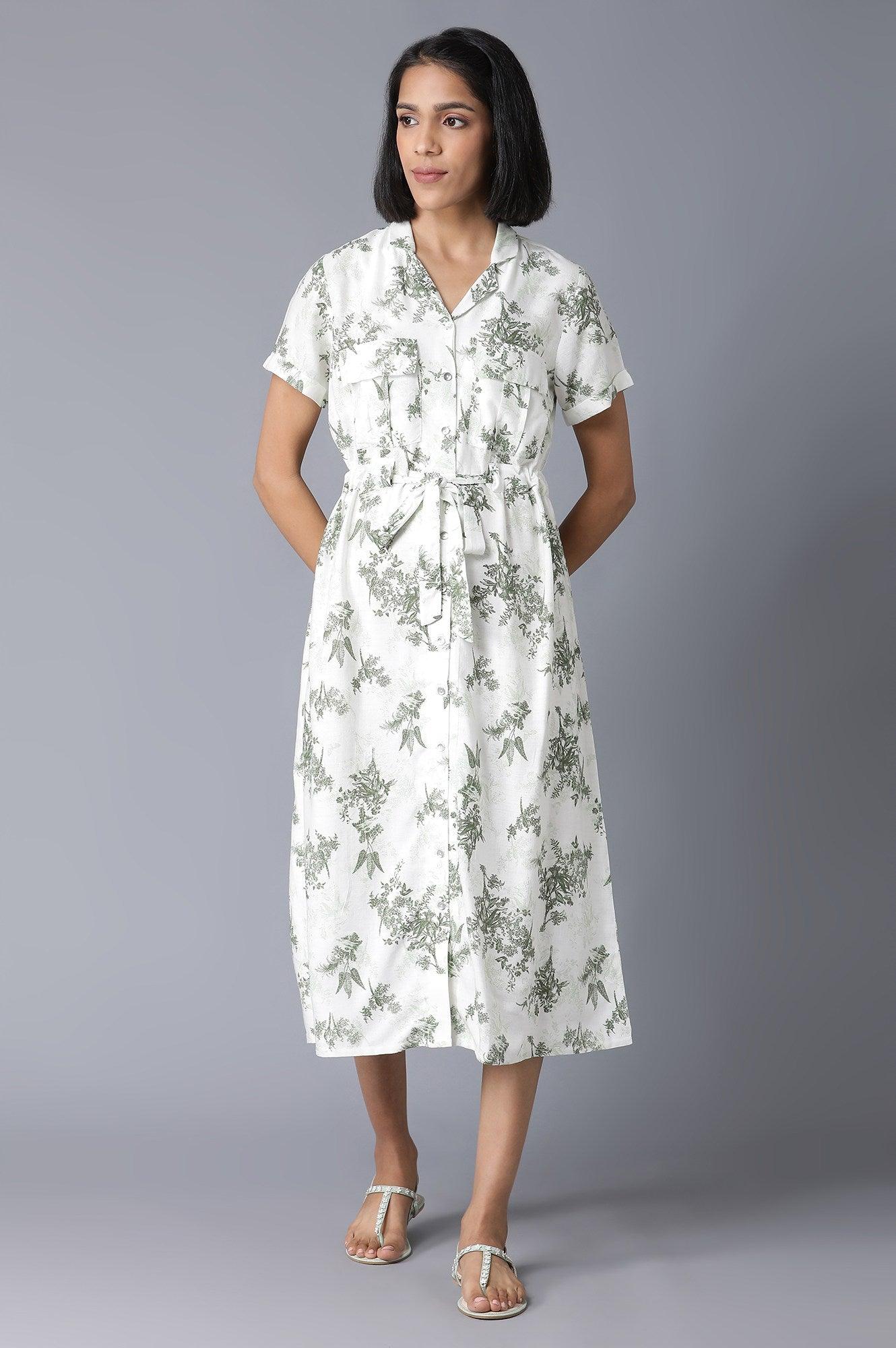 Ecru Floral Print Lapel Collar Dress - wforwoman