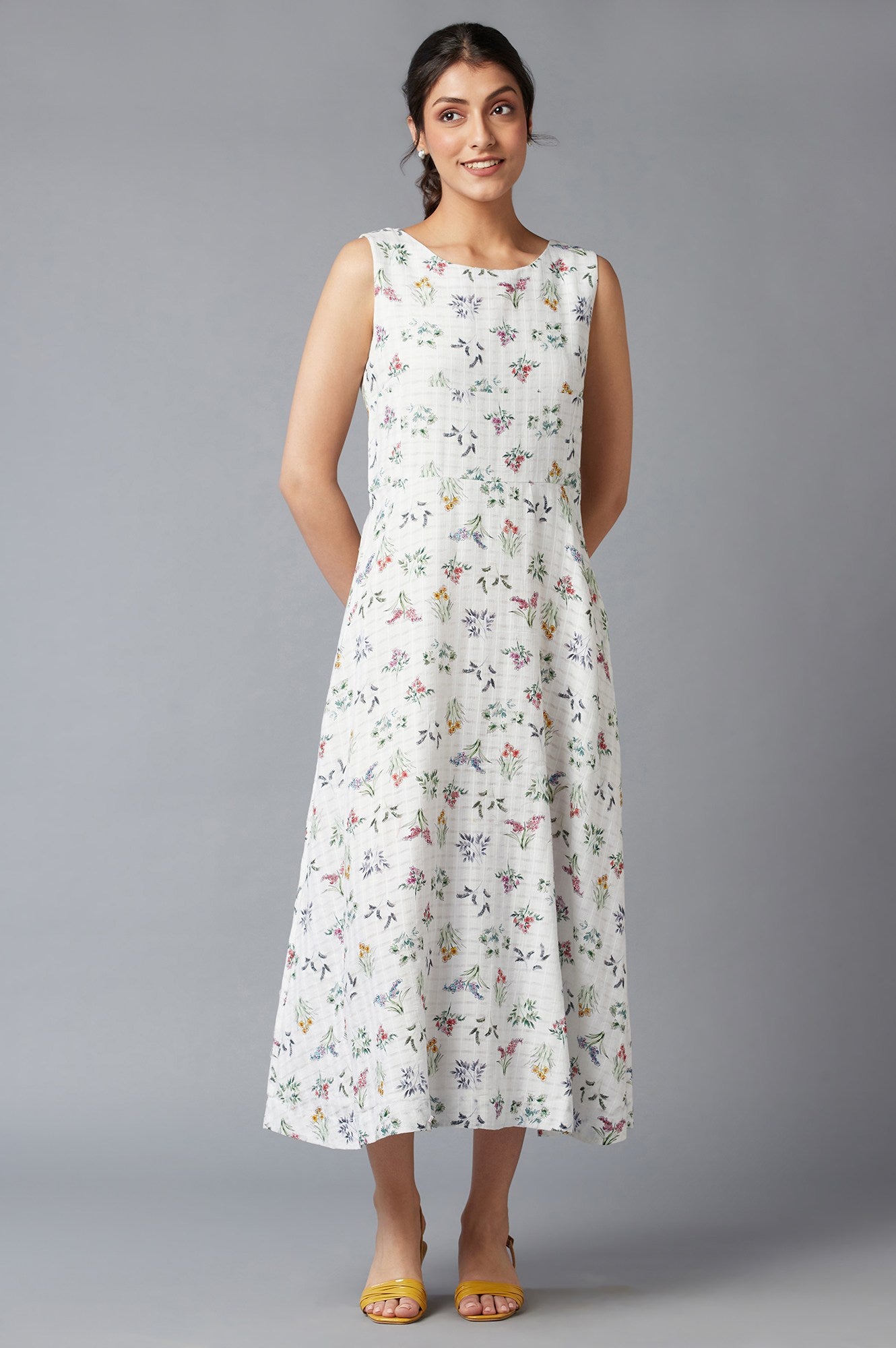 Ecru Floral Print Cotton Dress In Round Neck