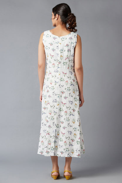 Ecru Floral Print Cotton Dress In Round Neck