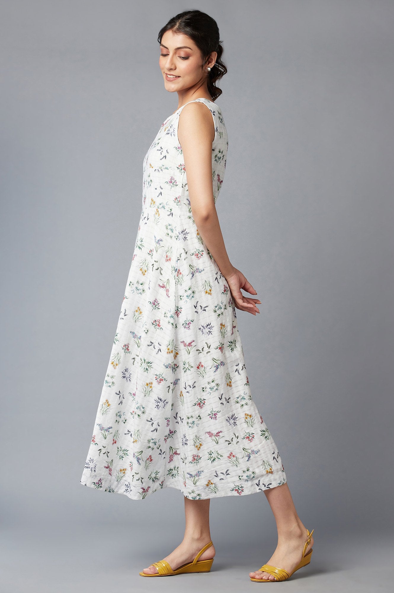 Ecru Floral Print Cotton Dress In Round Neck