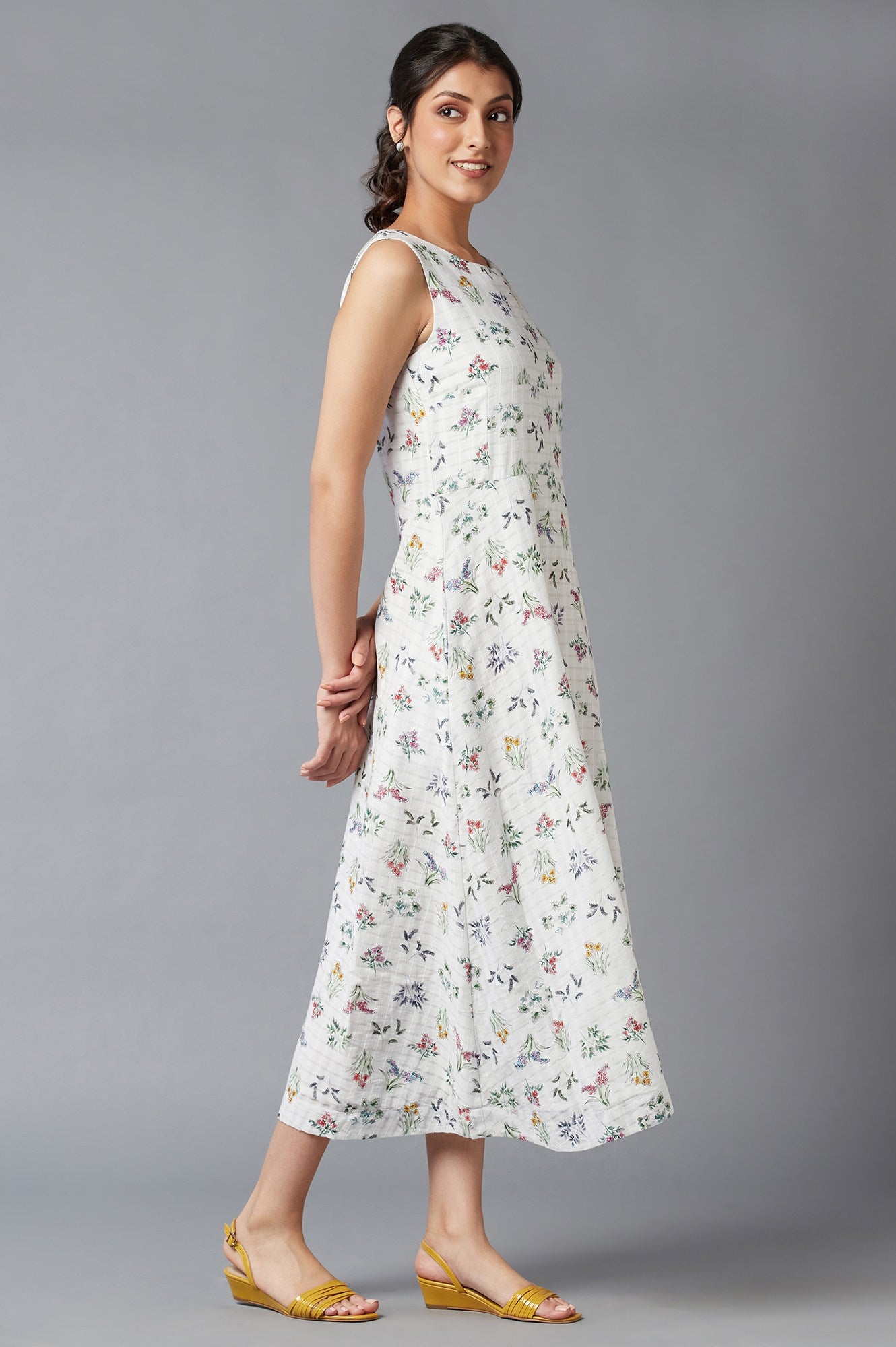 Ecru Floral Print Cotton Dress In Round Neck