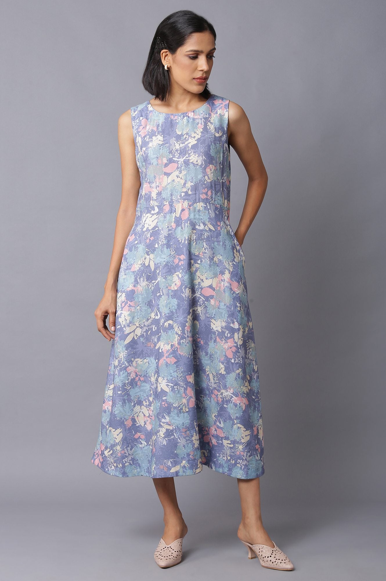 Blue Floral Print Sleeveless Western Dress