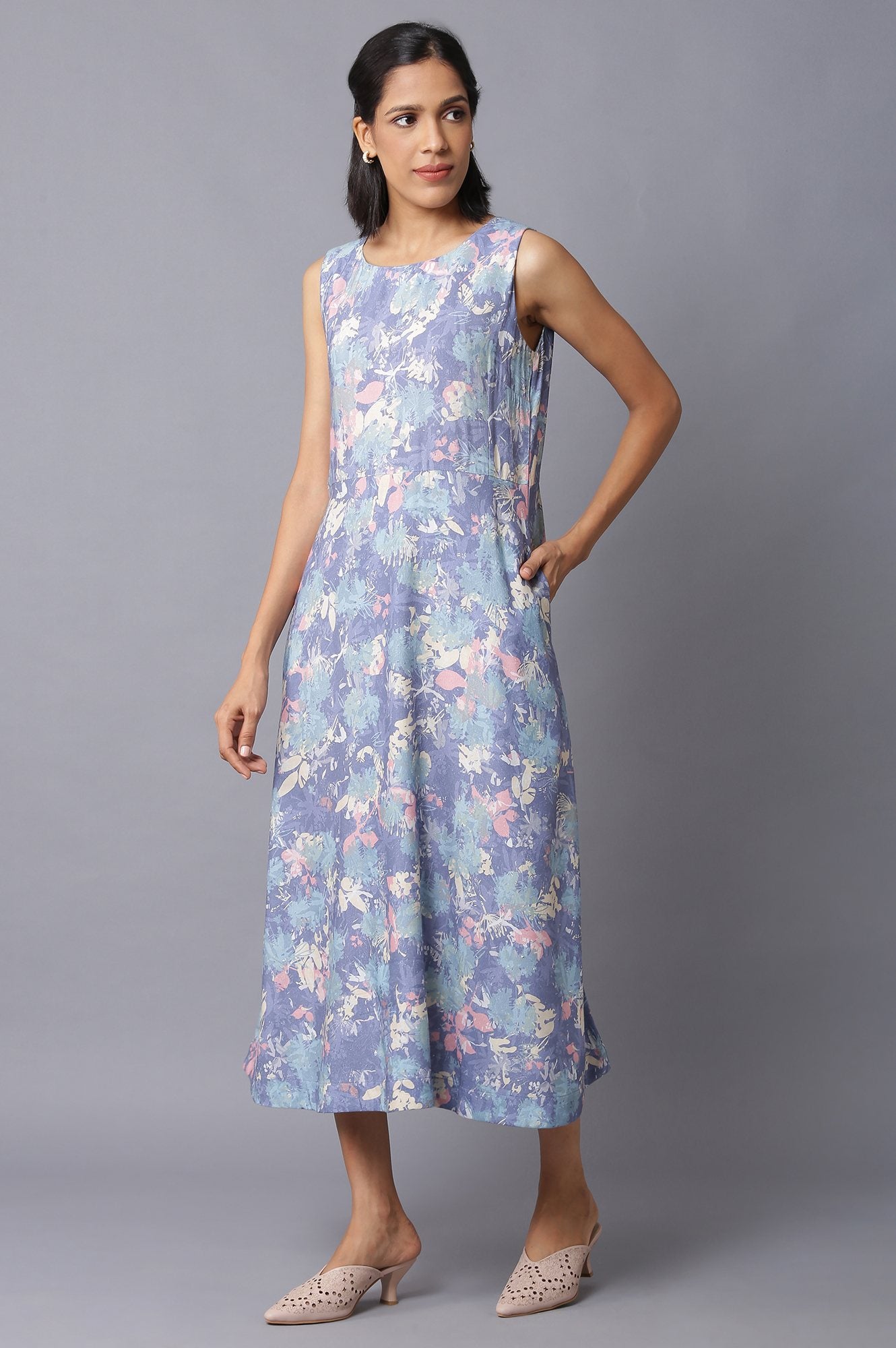 Blue Floral Print Sleeveless Western Dress