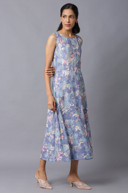 Blue Floral Print Sleeveless Western Dress