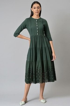 Green Cotton Schiffli Tiered Dress