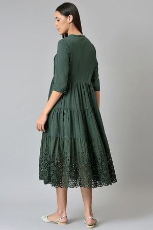 Green Cotton Schiffli Tiered Dress