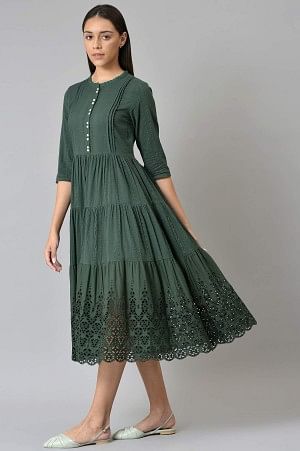 Green Cotton Schiffli Tiered Dress