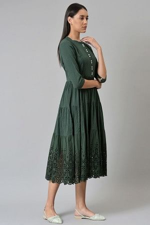 Green Cotton Schiffli Tiered Dress