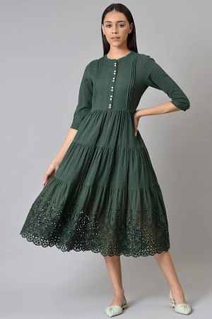 Green Cotton Schiffli Tiered Dress