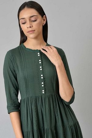 Green Cotton Schiffli Tiered Dress