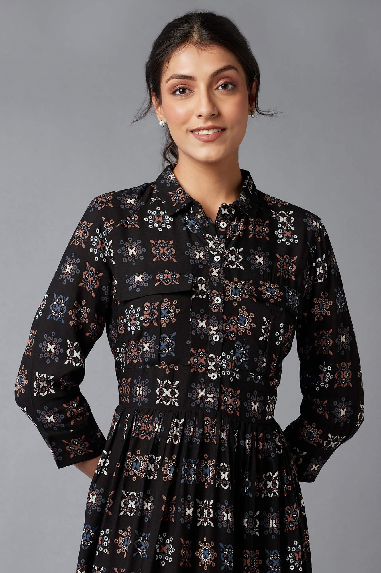 Black Printed Shirt Collar Maxi Dress - wforwoman