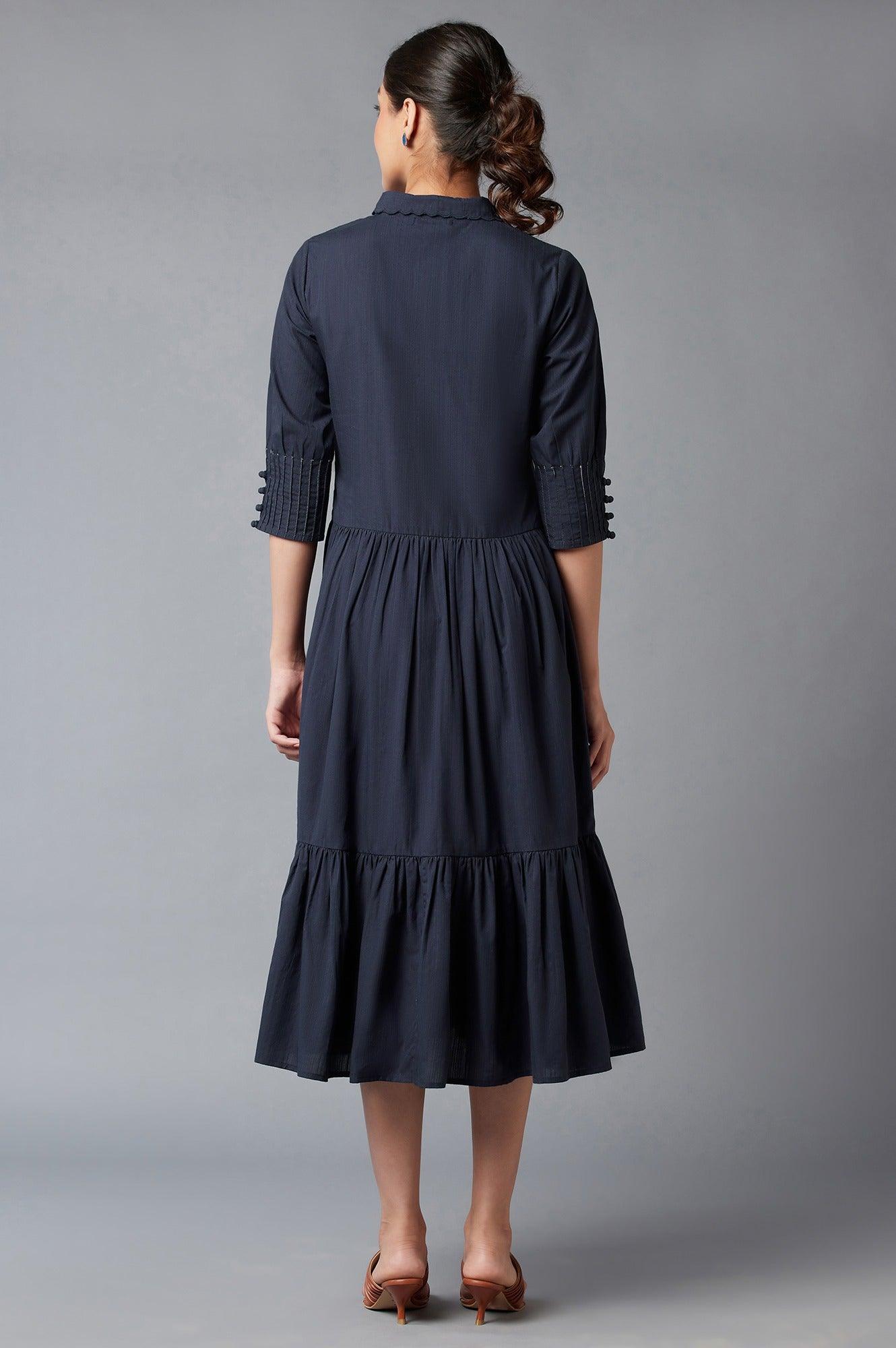Navy Blue Embroidered Cotton Dress - wforwoman