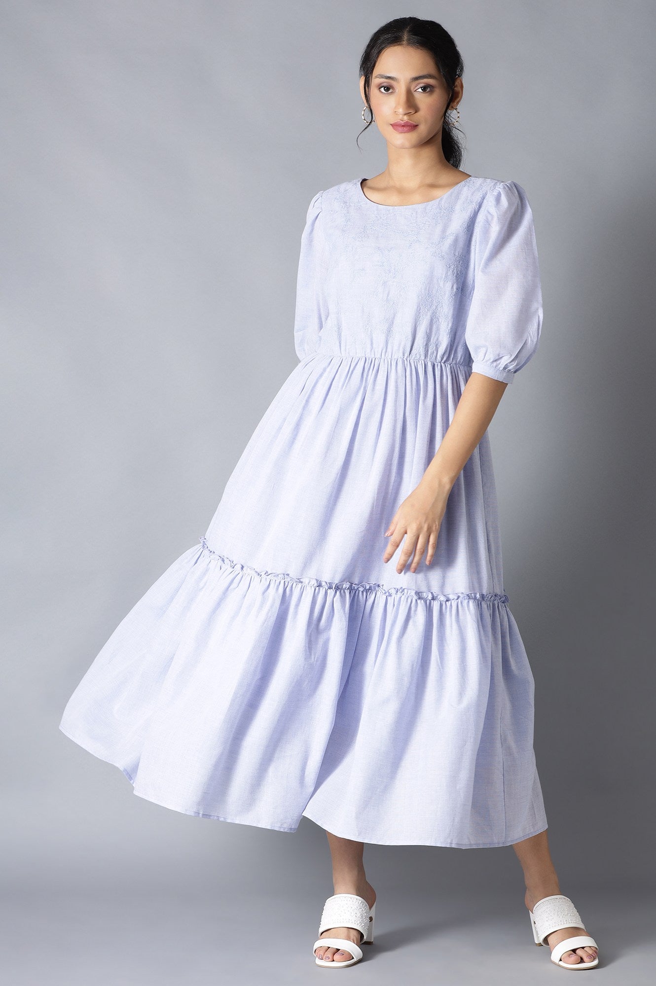 Light Blue Chambray Embroidered Tiered Dress