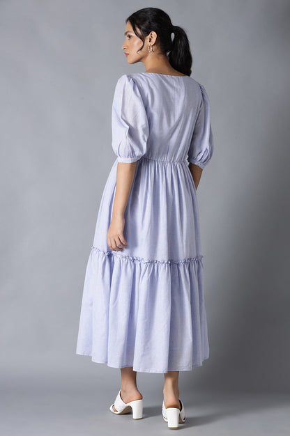 Light Blue Chambray Embroidered Tiered Dress