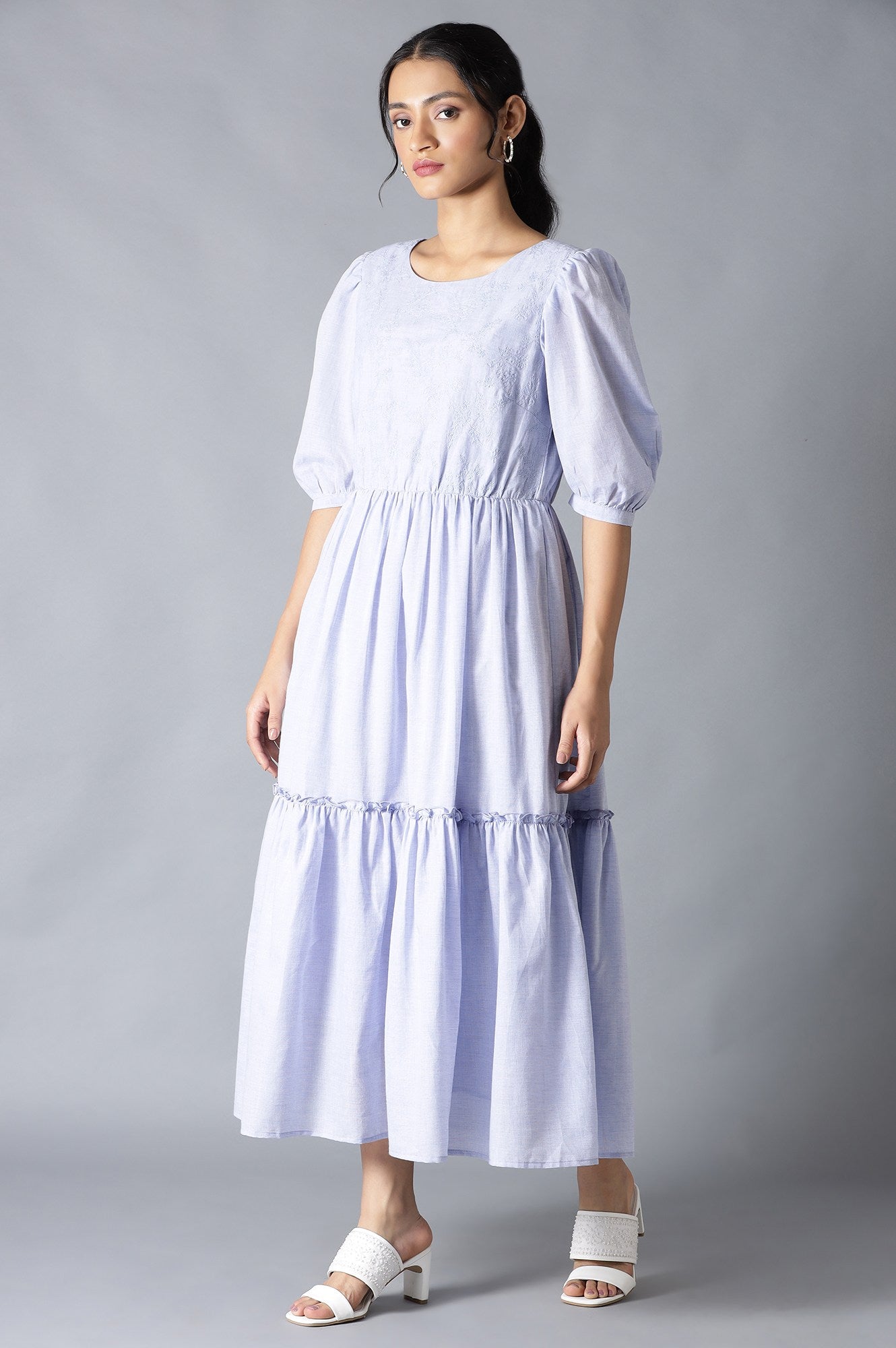 Light Blue Chambray Embroidered Tiered Dress