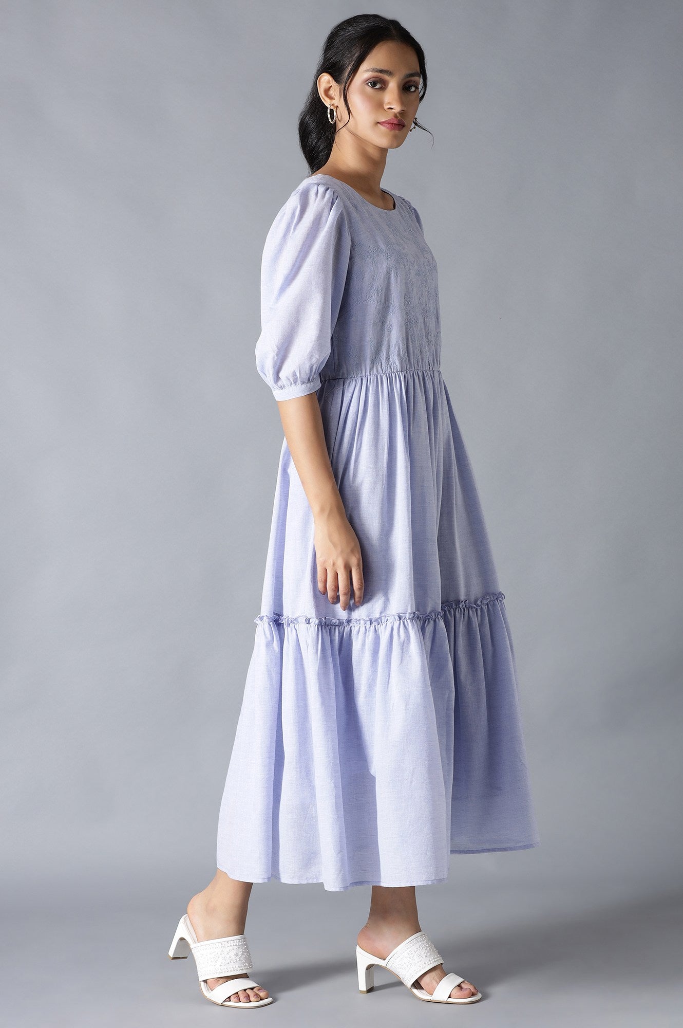 Light Blue Chambray Embroidered Tiered Dress