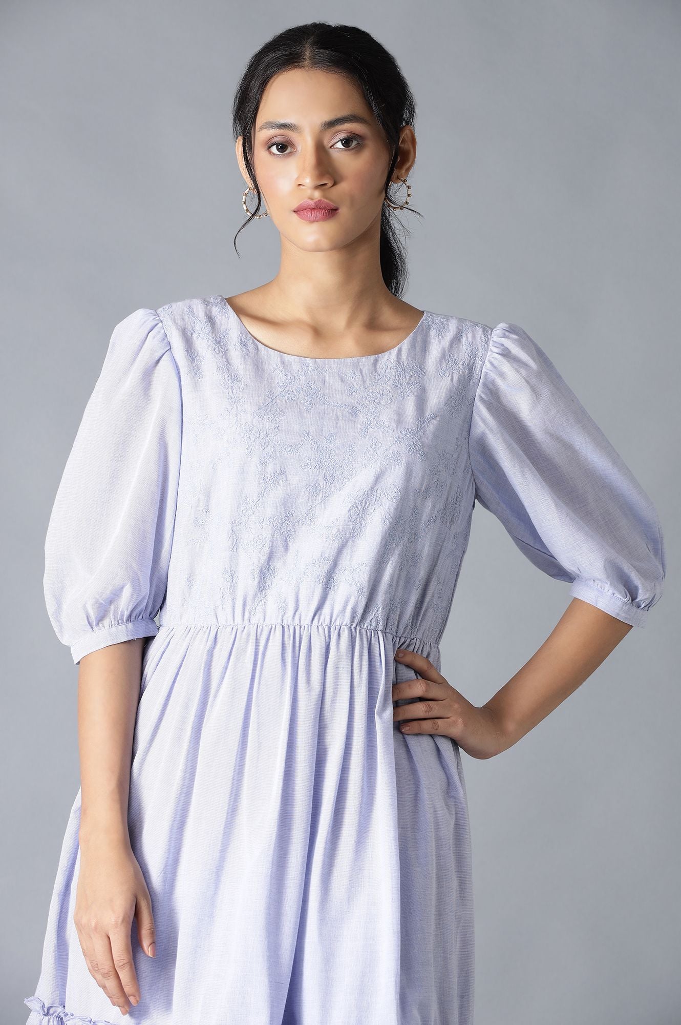 Light Blue Chambray Embroidered Tiered Dress