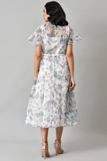 Light Blue Floral Organza Dress With Inner - wforwoman