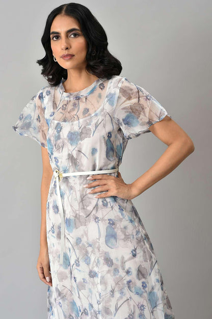 Light Blue Floral Organza Dress With Inner - wforwoman