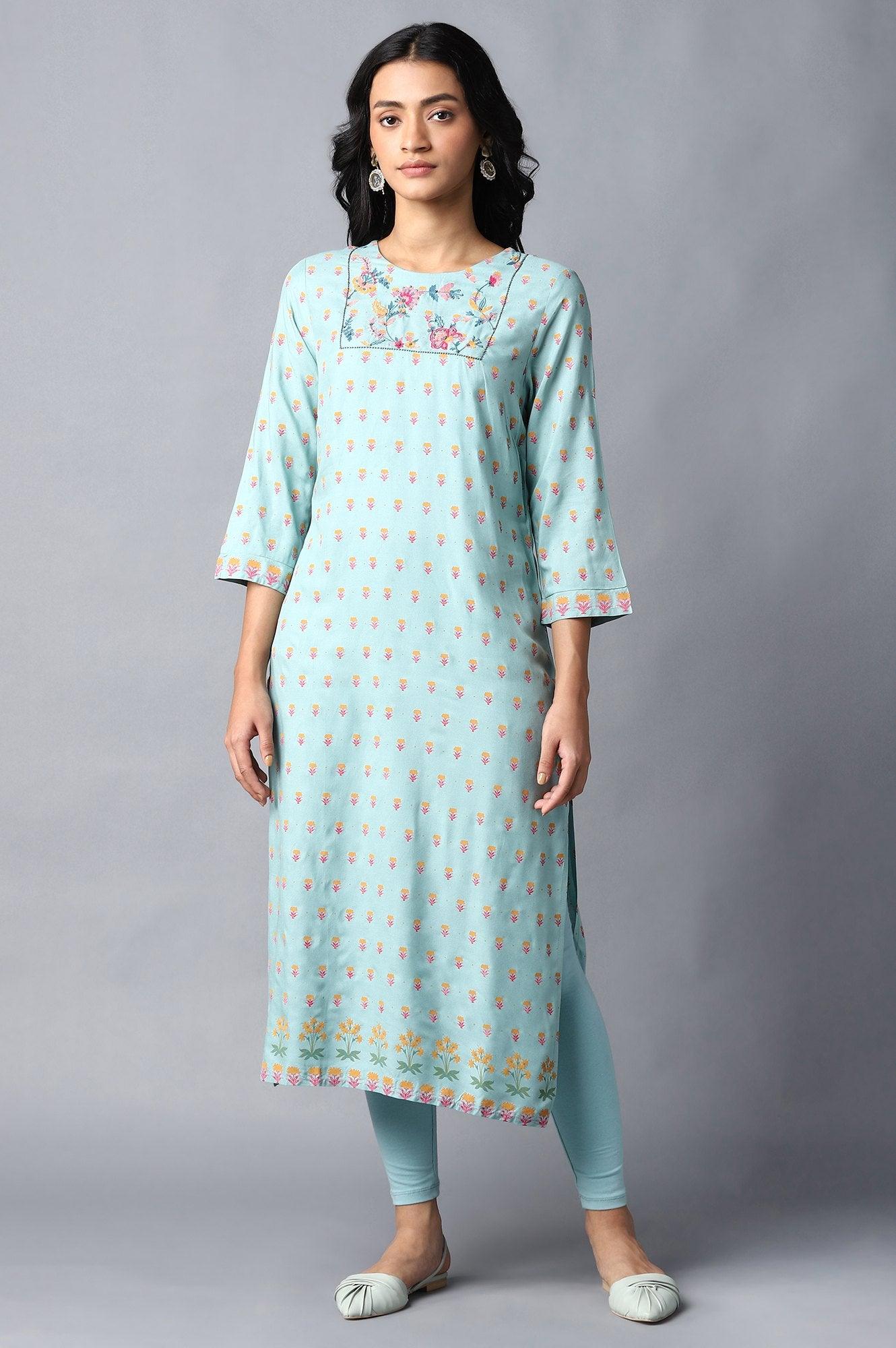 Blue Printed kurta With Thread Embroidery - wforwoman