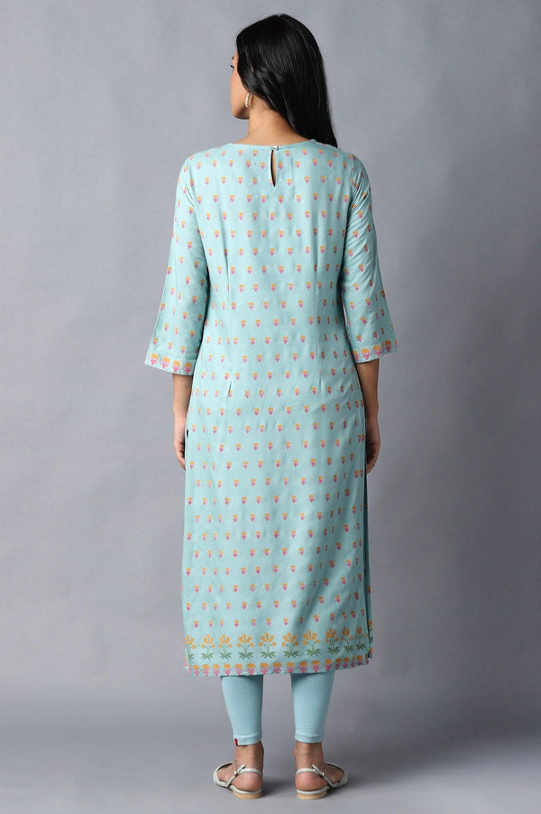 Blue Printed kurta With Thread Embroidery