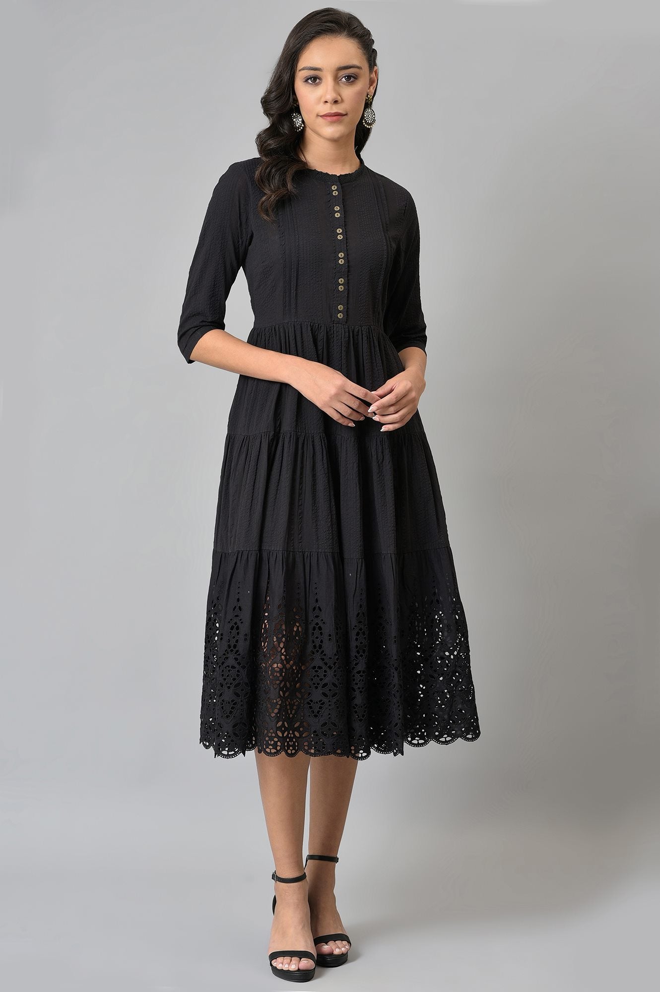 Black Cotton Schiffli Dress With Belt Bag