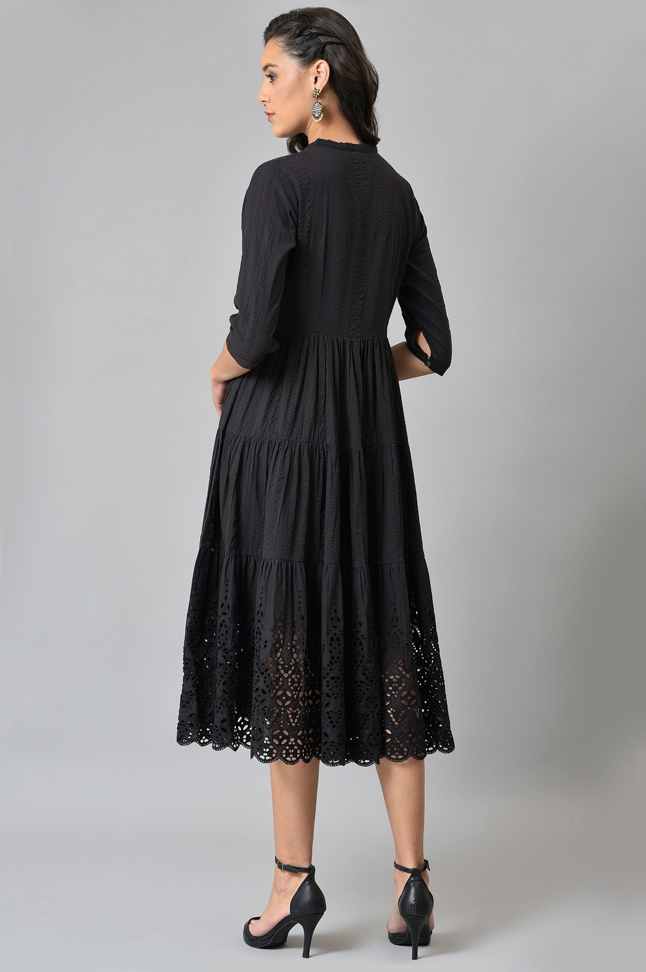 Black Cotton Schiffli Dress With Belt Bag