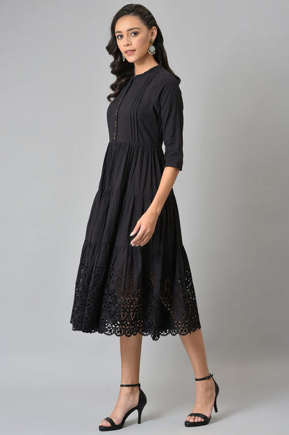 Black Cotton Schiffli Dress With Belt Bag