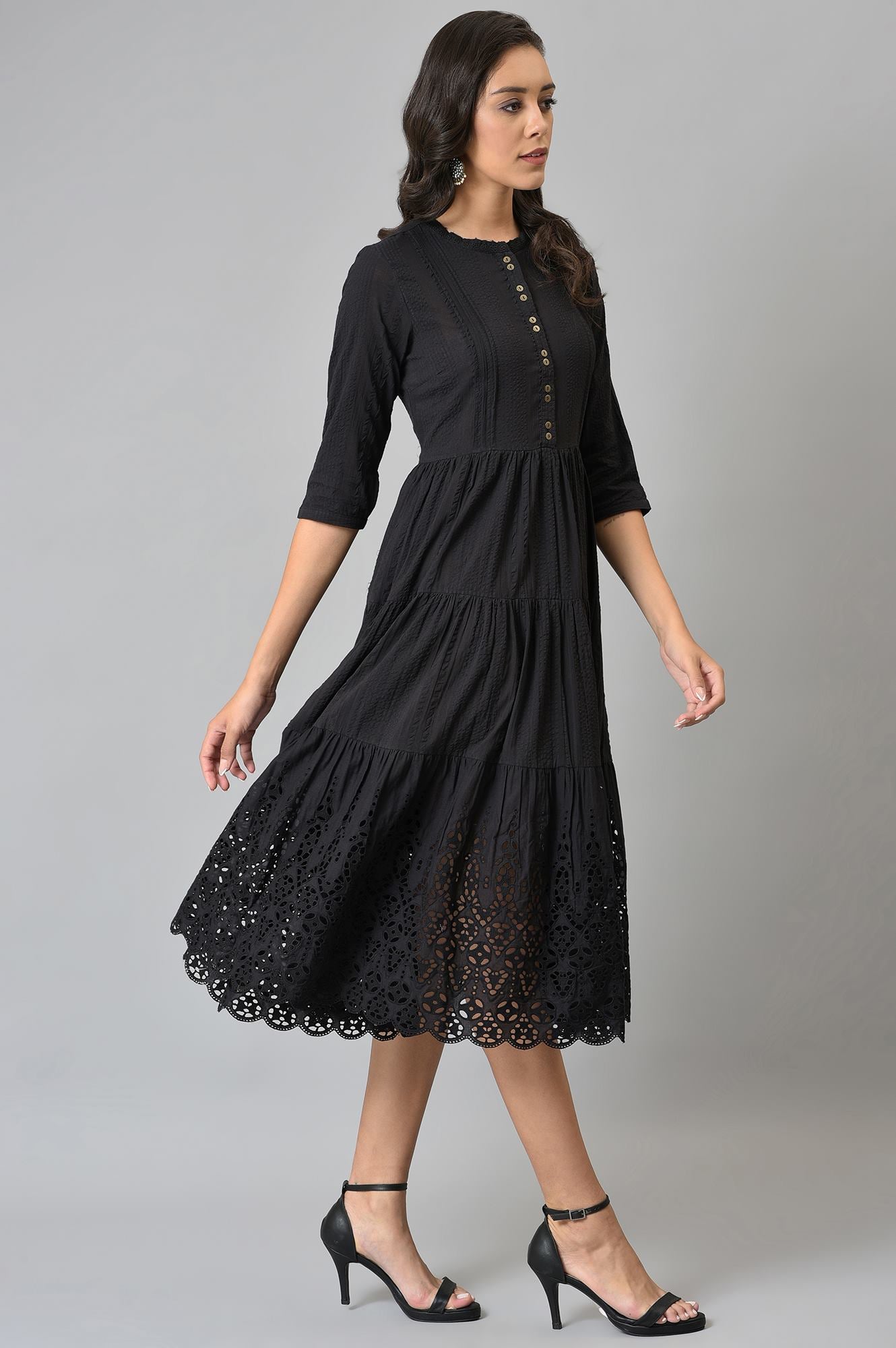 Black Cotton Schiffli Dress With Belt Bag