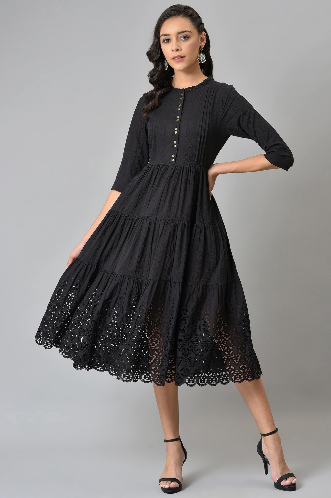 Black Cotton Schiffli Dress With Belt Bag