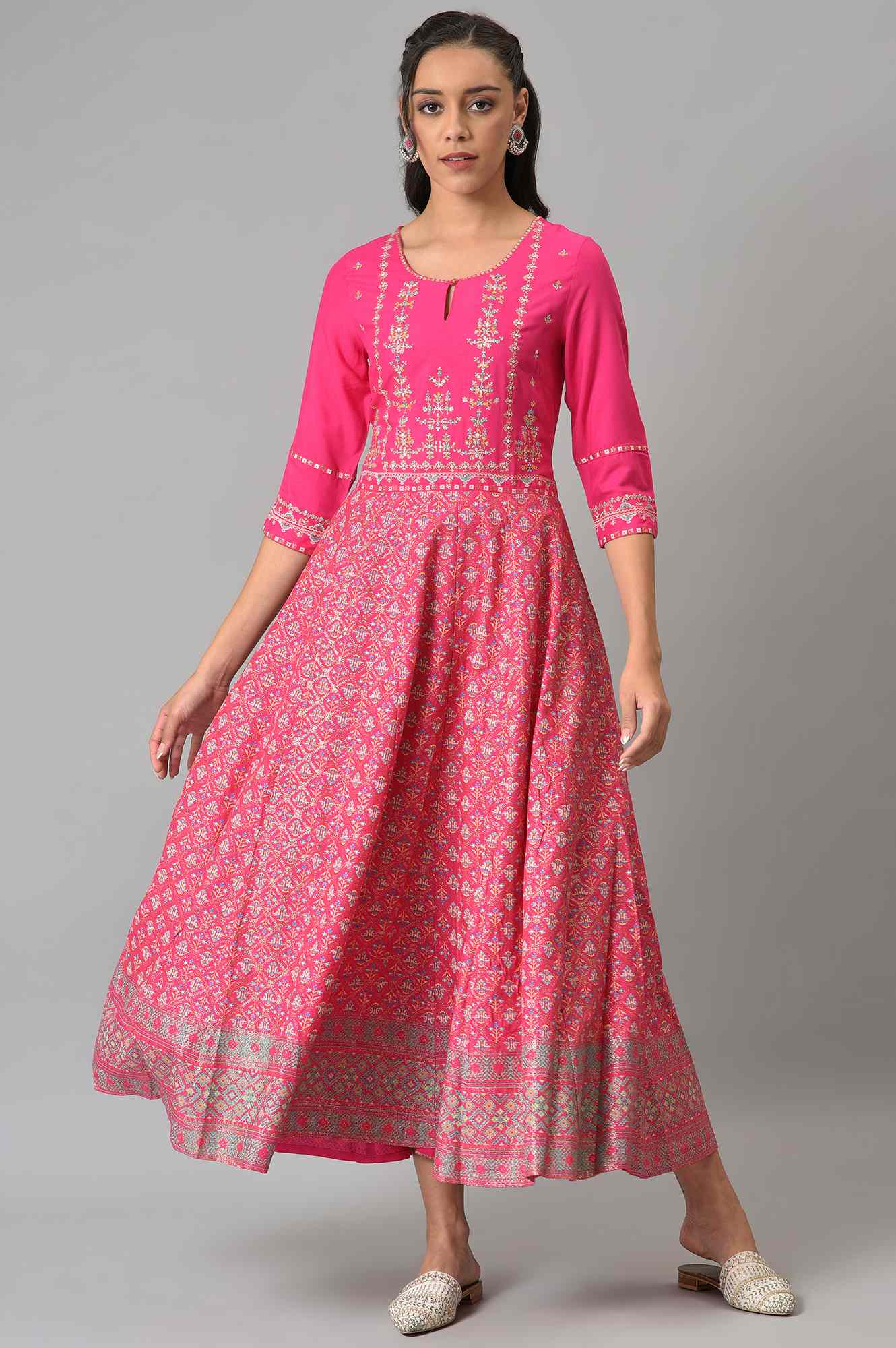 Bright Rose Pink Glitter Printed Dress With Embroidery