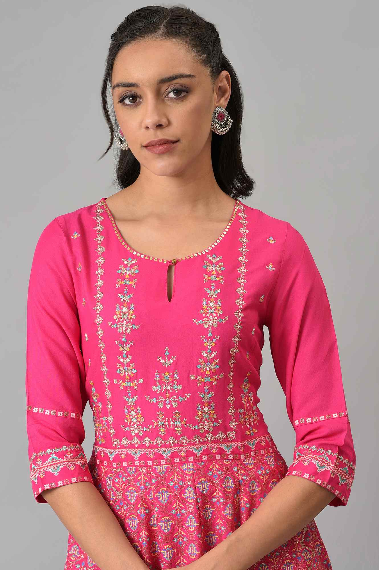 Bright Rose Pink Glitter Printed Dress With Embroidery