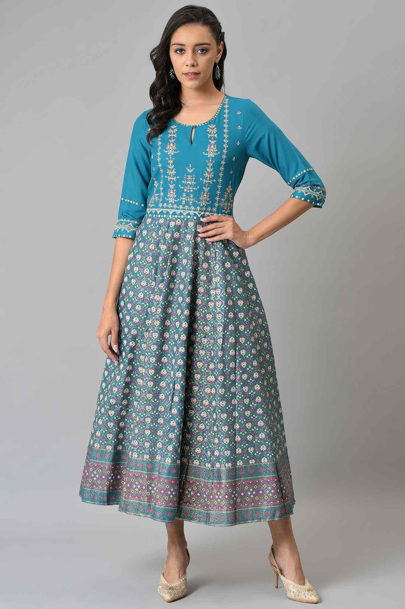 Teal Glitter Printed Dress With Embroidery - wforwoman